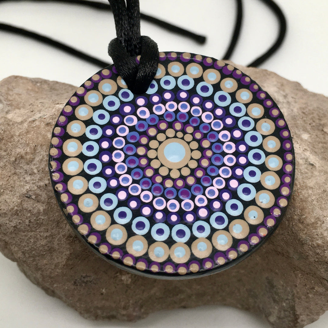 Necklace Round Pendant Mandala in Sand, Purple and Pink