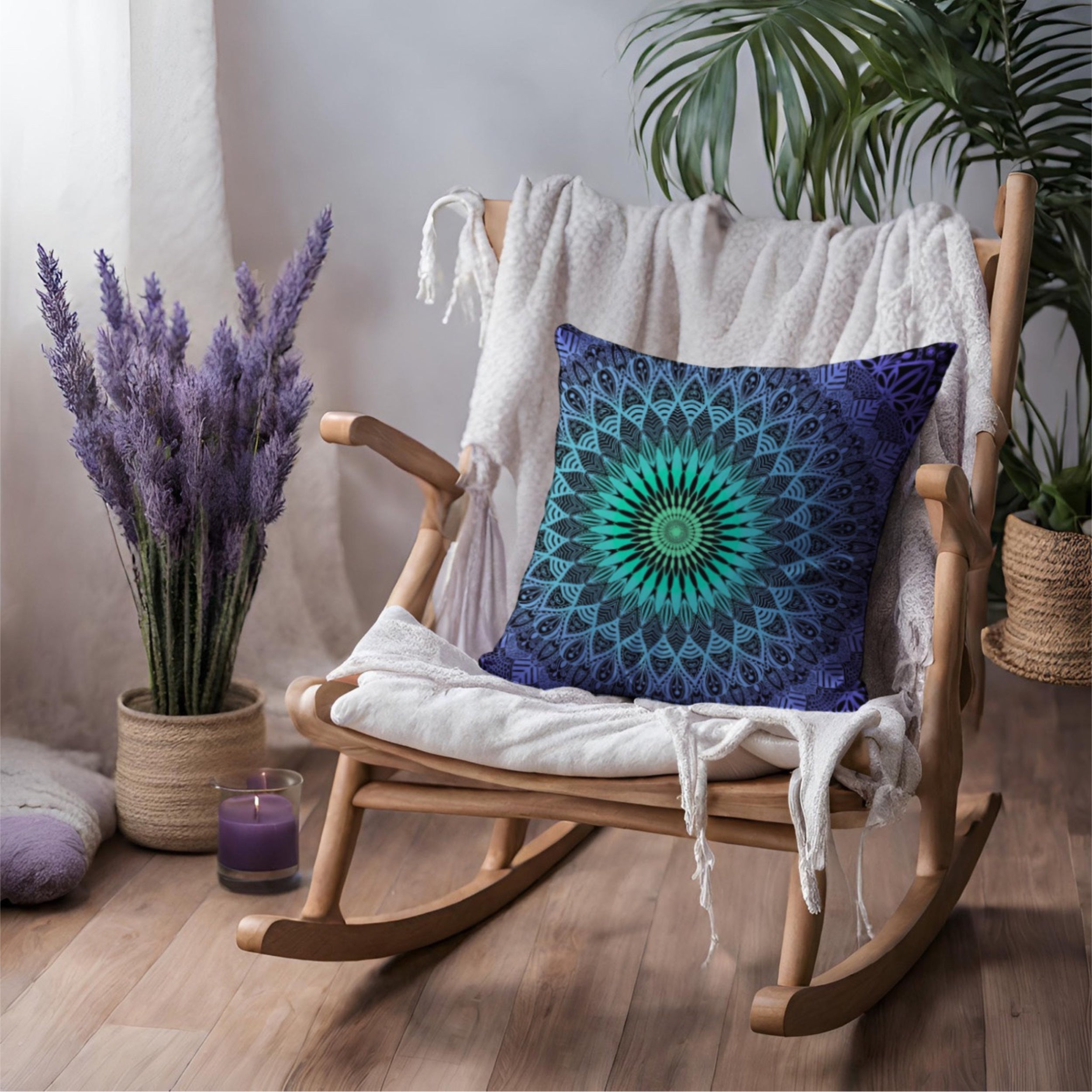 Rocking Chair  having a throw Pillow with a mandala design on it in purple, lavender and mint color from webshop Mandala Stone