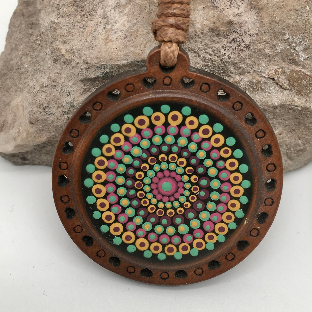 Leather Necklace with Wooden Mandala Pendant