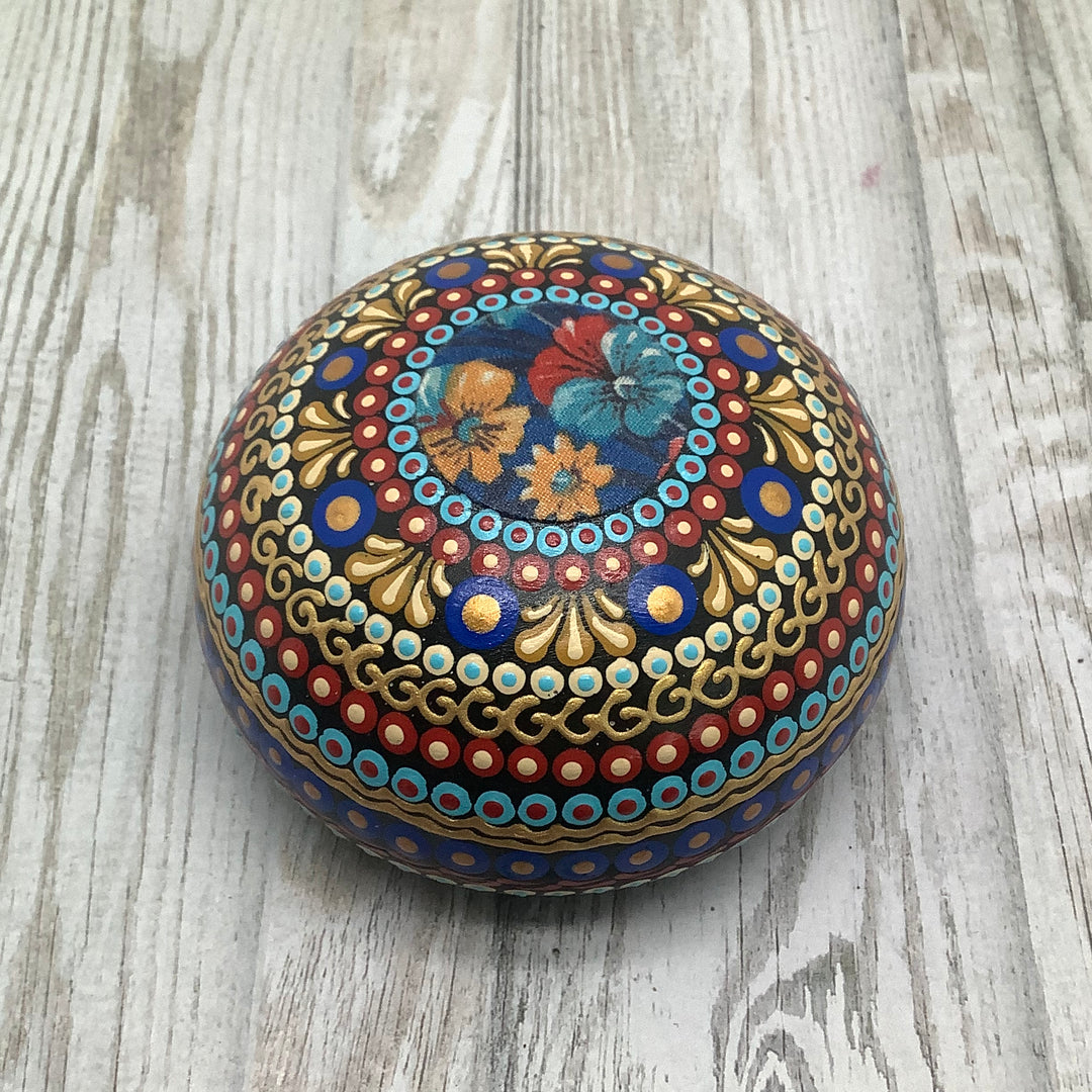Mandala Sphere Shaped Stone in Kobalt blue, Vivid Red, Turquoise and Gold with fabric flowers.