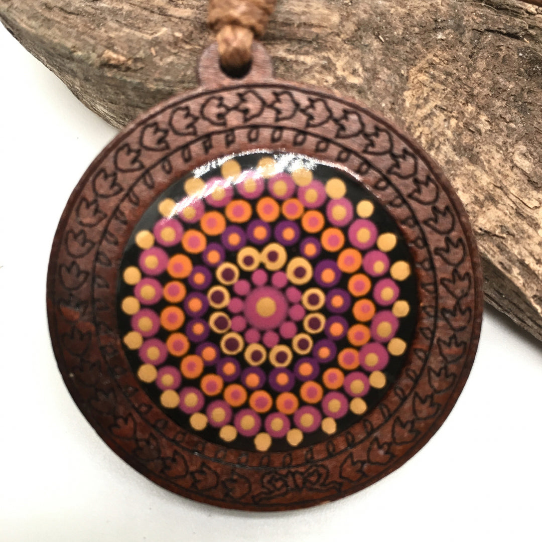 Leather Necklace with Wooden Mandala Pendant by MandalaStone
