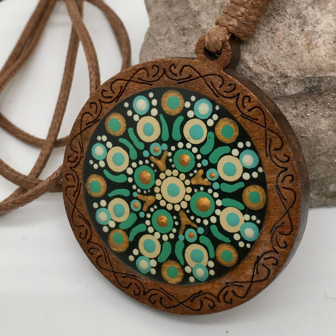 Leather Necklace with Wooden Mandala Pendant