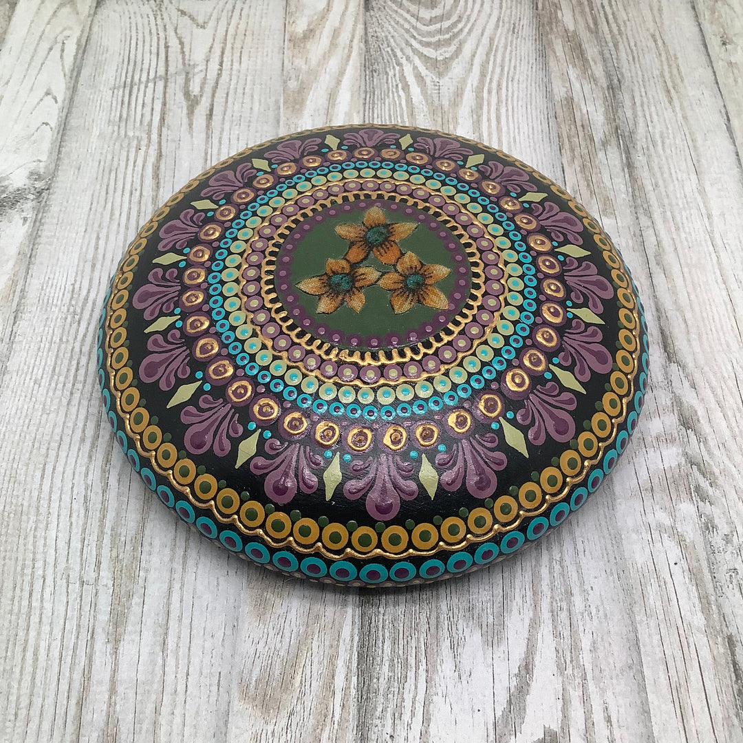 Mandala Stone with Flowers in Purple, Blue and Gold