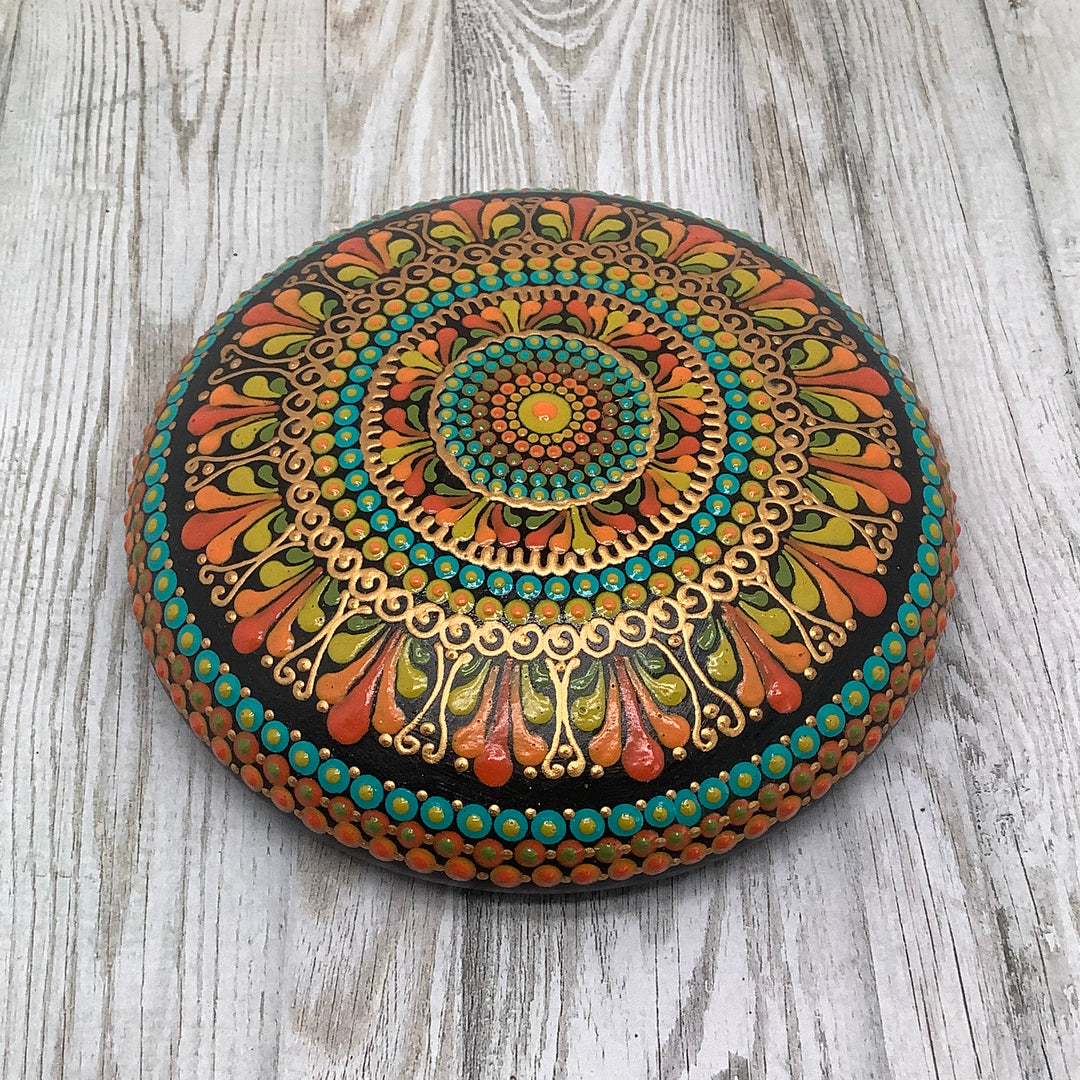 Mandala Stone Large in Yellow, Orange and Blue with golden details