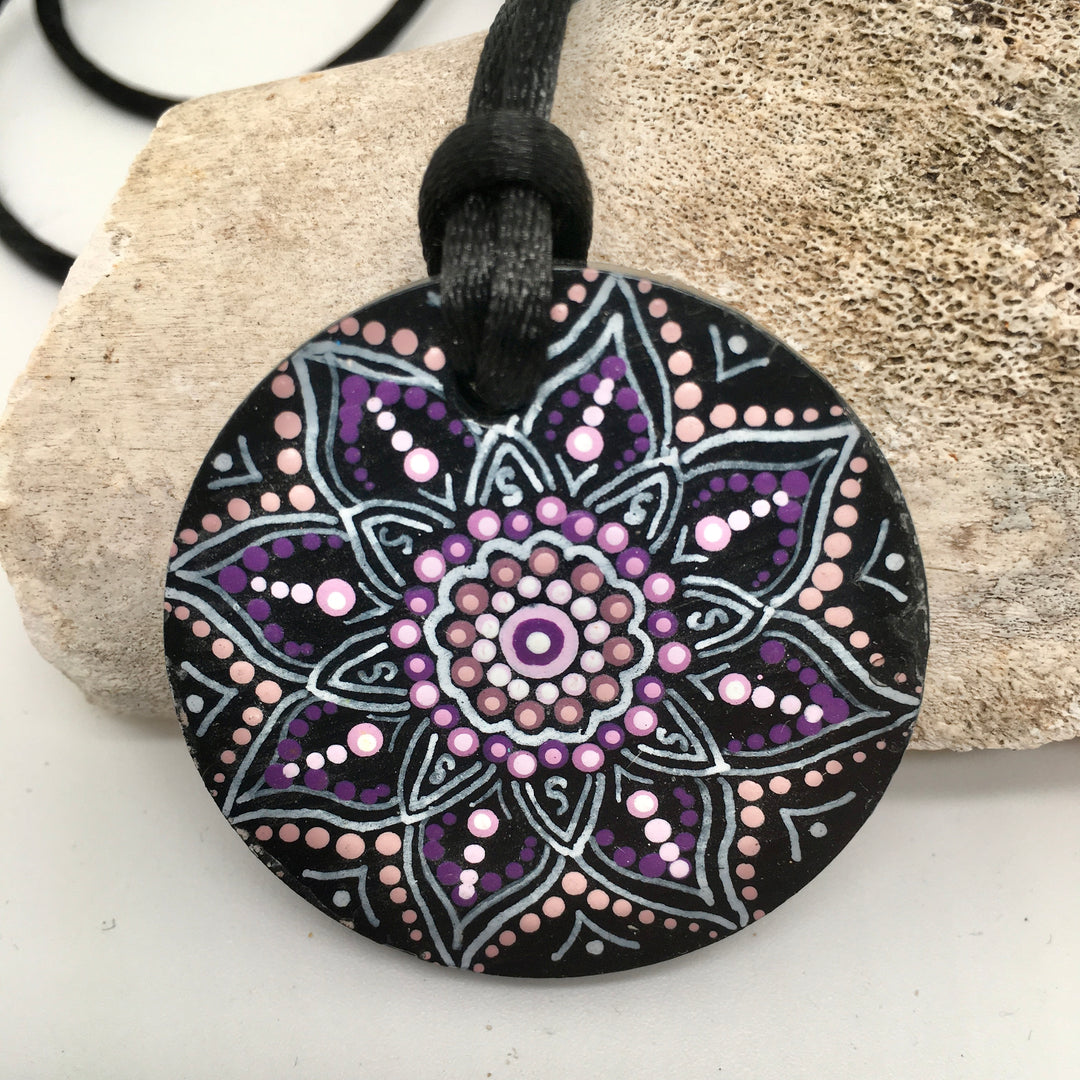 mandala necklace in pink and purple