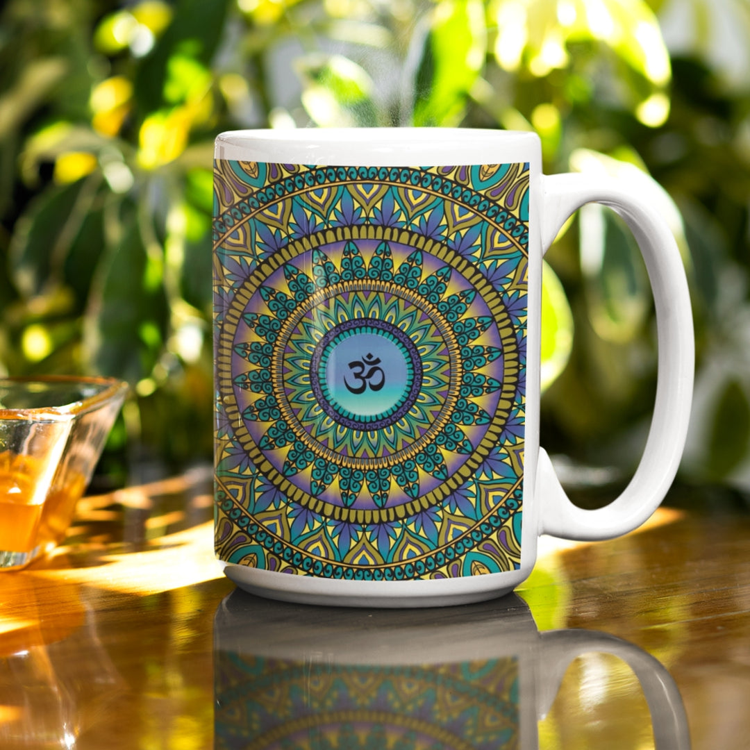 Petrol, purple, and gold mandala mug with Ohm symbol at the center.