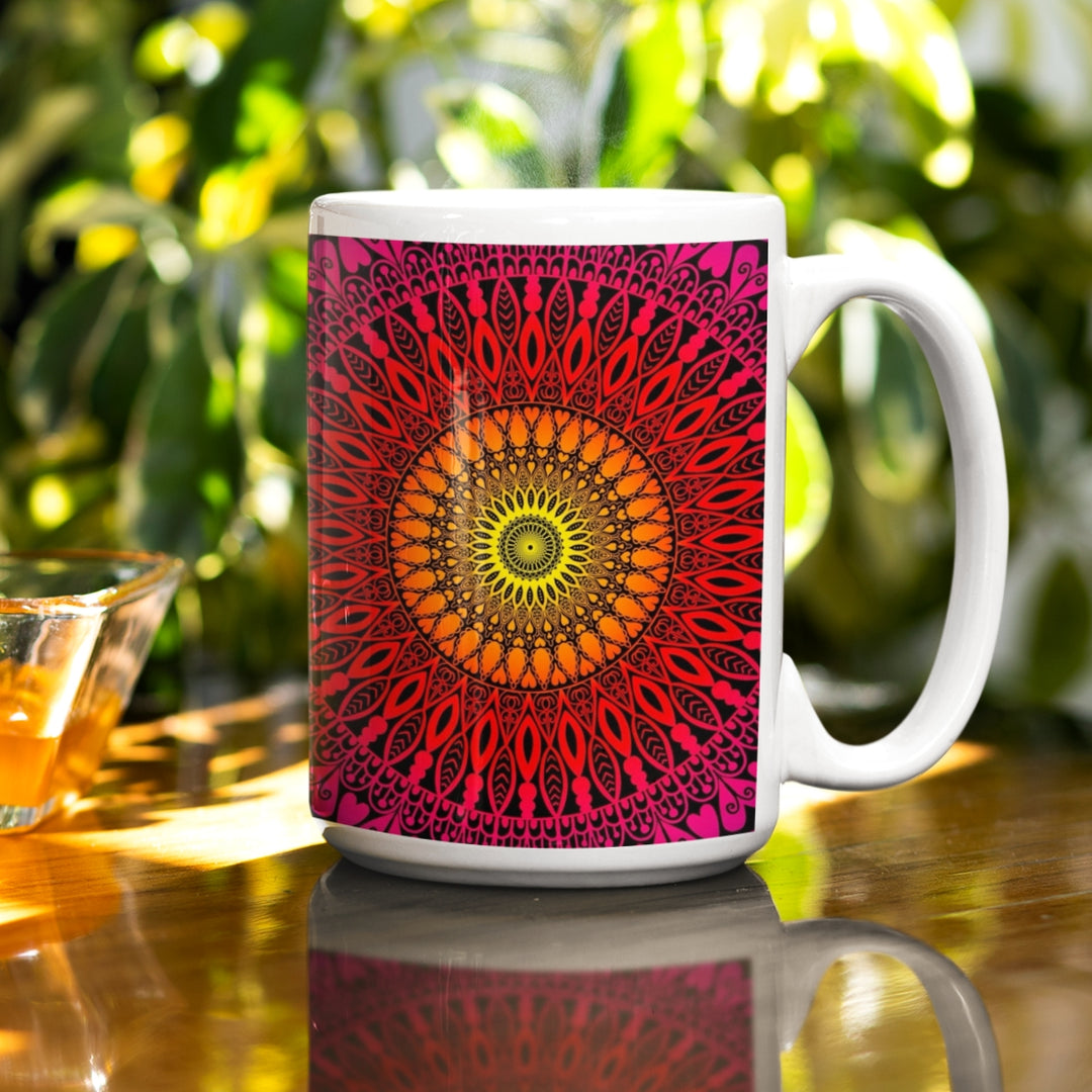 A mandala mug in warm sunset-inspired colors, featuring captivating design that brings the beauty of dusk to the visual experience.