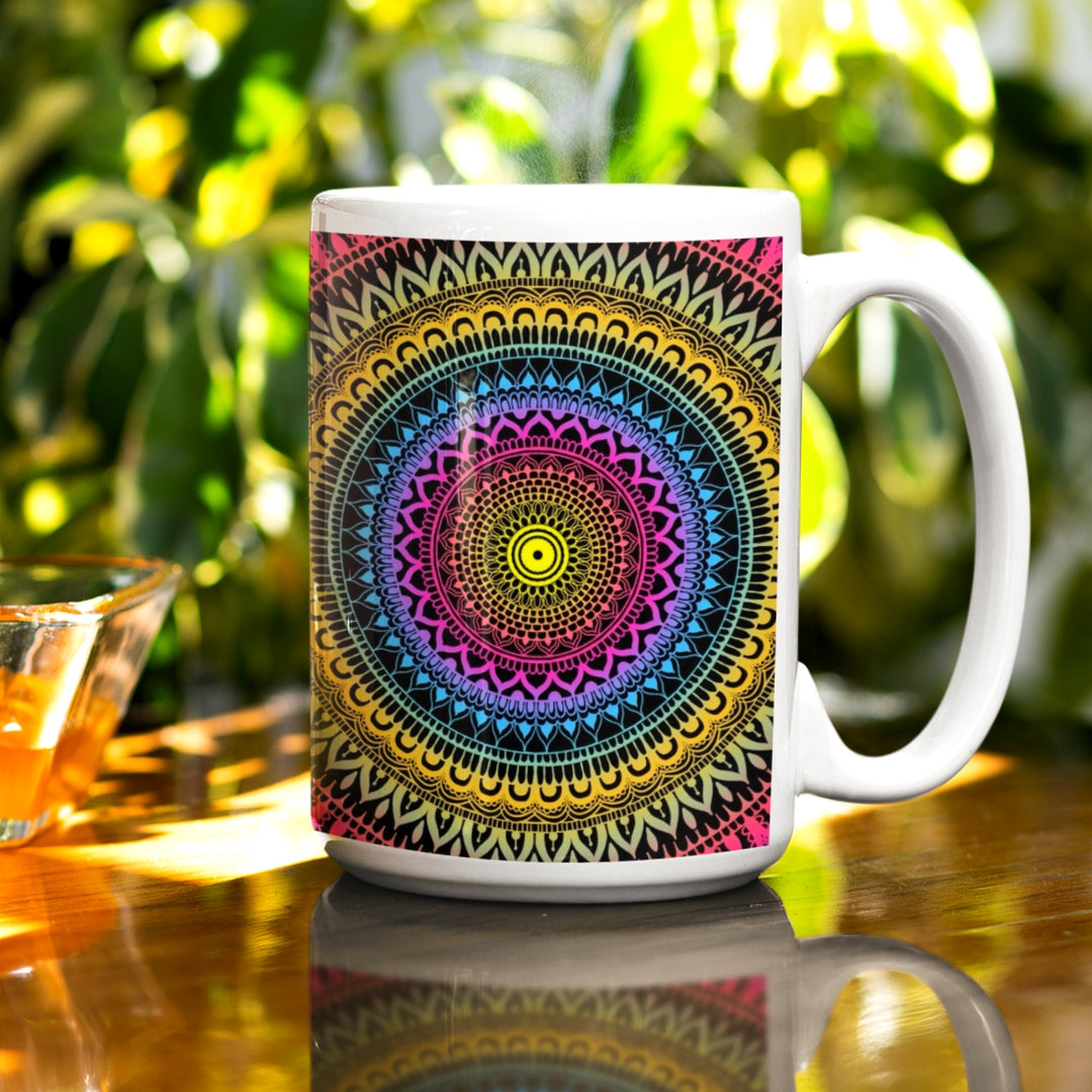A mandala mug adorned with pink, yellow, and blue mehndi designs, infusing boho-chic and artistic flair.