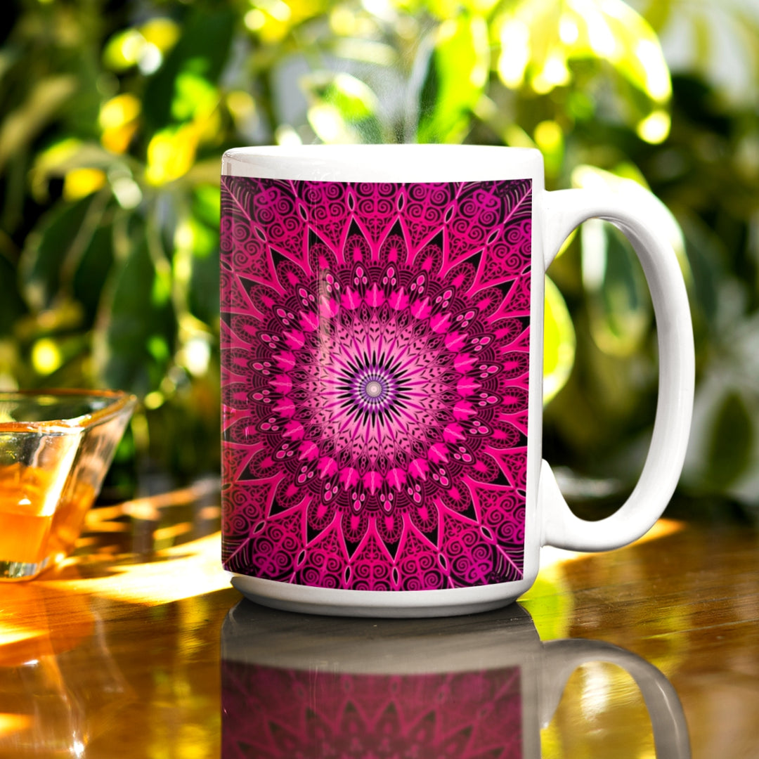 'Pretty in Pink' mandala mug, presenting delicate design and soft hues that encapsulate boho chic vibes in visual form.