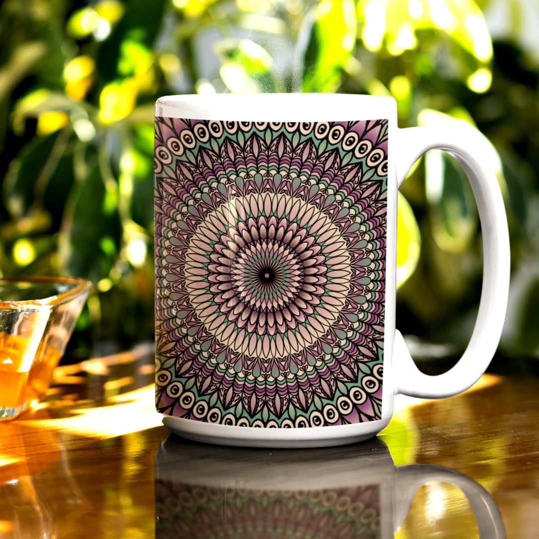 A printed mug showcasing a mesmerizing petal mandala design in soft purple, green, and beige. The intricate patterns and soothing colors create an enchanting and elegant visual experience.