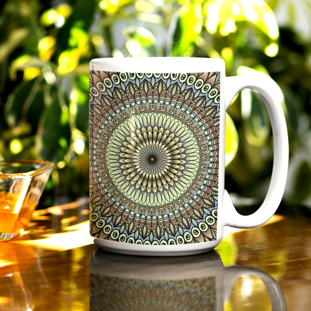 Flower mandala mug in soft lavender, green, and brown. Delicate floral patterns adorn the surface, creating a serene and elegant design