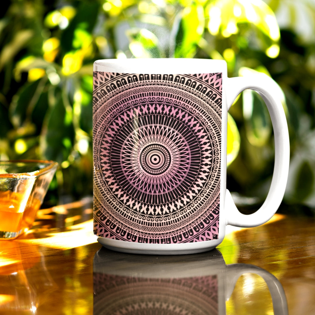 A playful mandala mug in light pink and beige. 