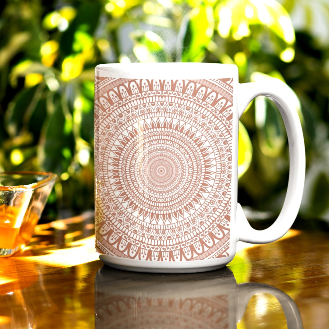  A white mandala mug featuring intricate terracotta mehndi designs, blending elegance and boho charm for a captivating visual experience.