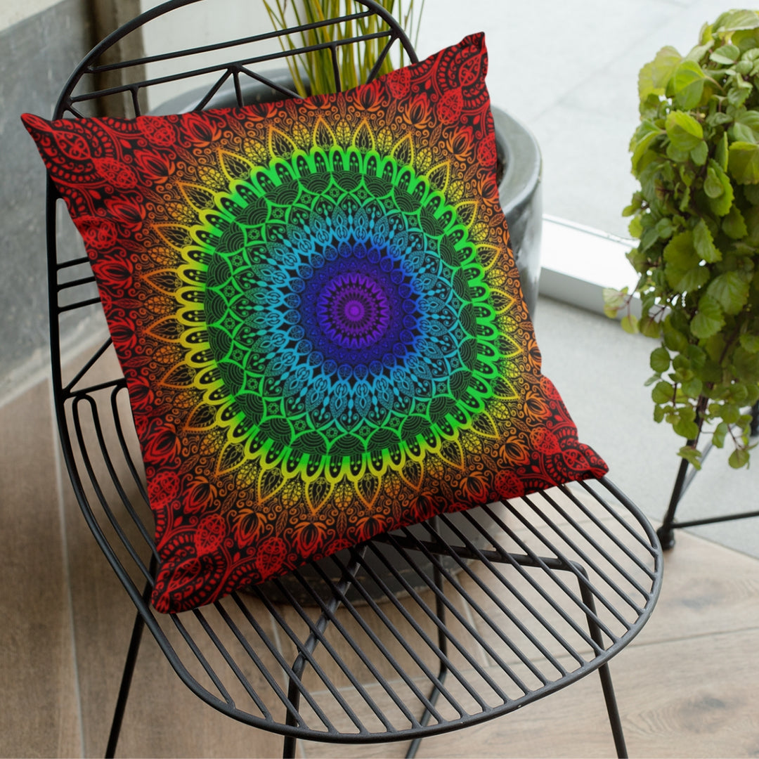 A vibrant mandala throw pillow named 'Chakra Harmony: Mandala Throw Pillow in the 7 Vibrant Chakra Colors,' representing the seven chakras with vibrant colors, exuding energy and holistic balance.