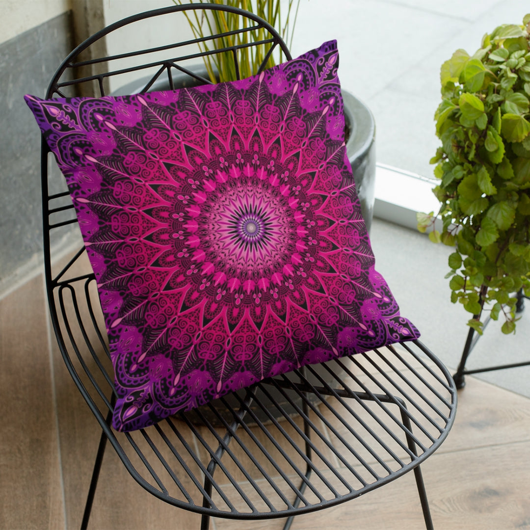 A vibrant and artistic mandala throw pillow named 'Pretty in Pink: Mandala Throw Pillow in Bright Pink Colors,' exuding energetic self-expression, creativity, and the spirit of youthful charm through its design.