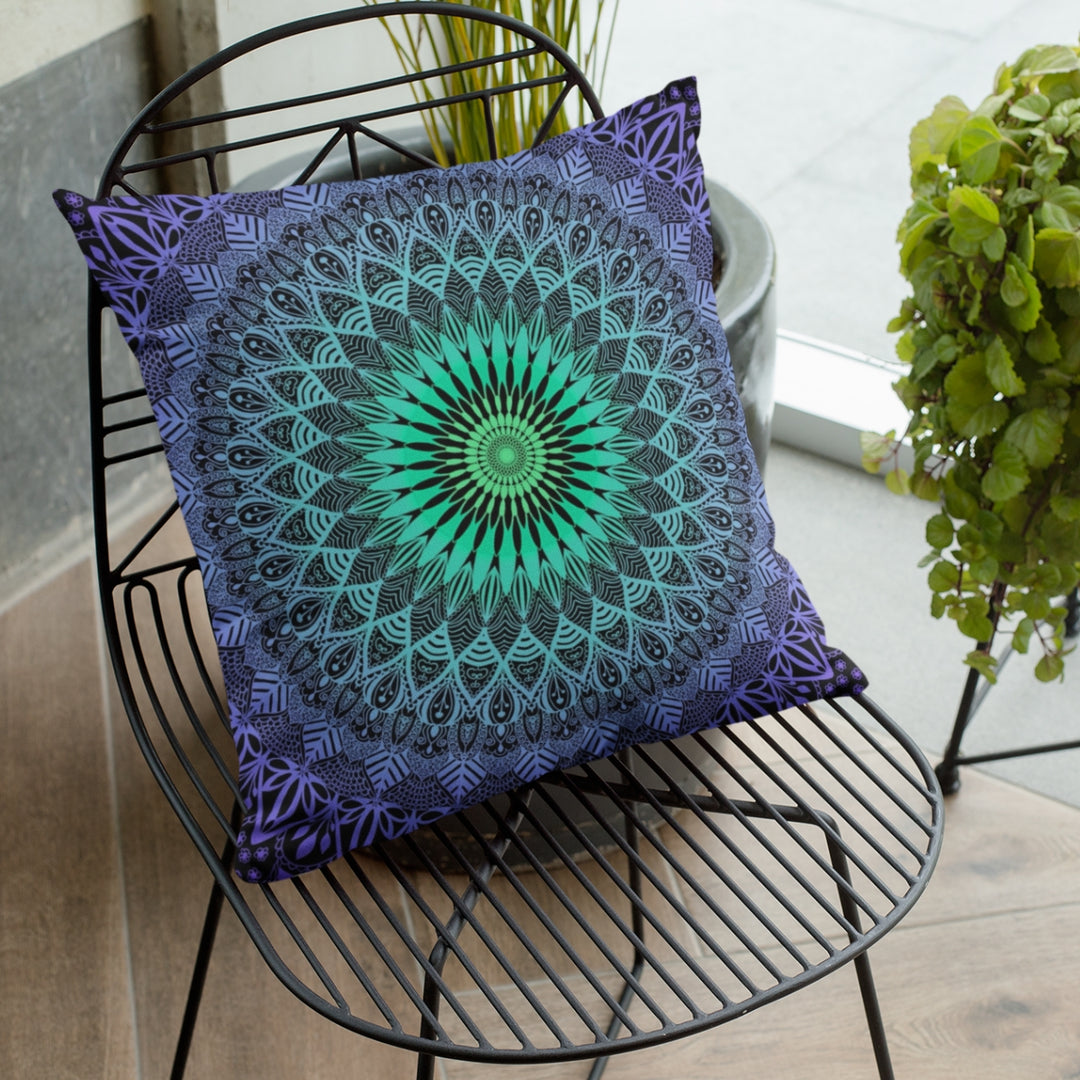 A regal and sophisticated mandala throw pillow named 'Mandala Throw Pillow - Purple Rain,' exuding luxury, serenity, and timeless refinement through its design.