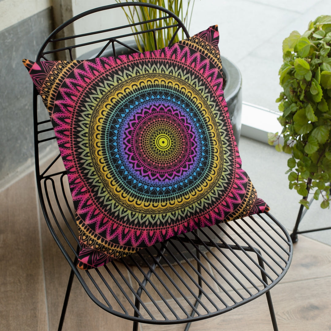 A vibrant and artistic mehndi mandala throw pillow named 'Mystical Fusion: Mehndi Mandala Throw Pillow in Pink, Yellow & Blue,' exuding vibrant charm, creativity, and the spirit of artistic flair through its design.