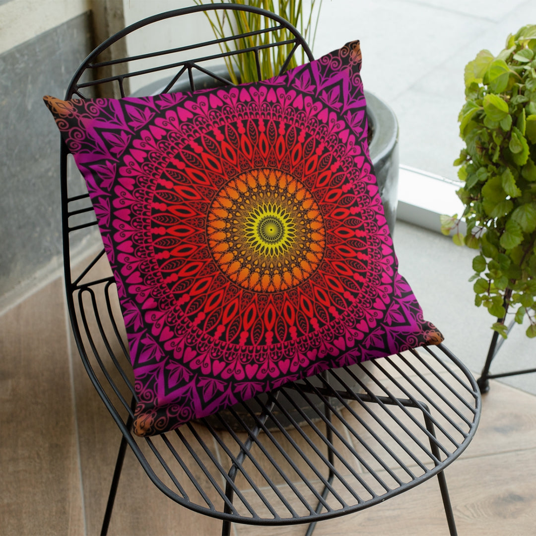 A cozy and inviting mandala throw pillow named 'Golden Horizon: Mandala Throw Pillow in Sunset-Inspired Warm Colors,' exuding warmth and tranquility through its design.