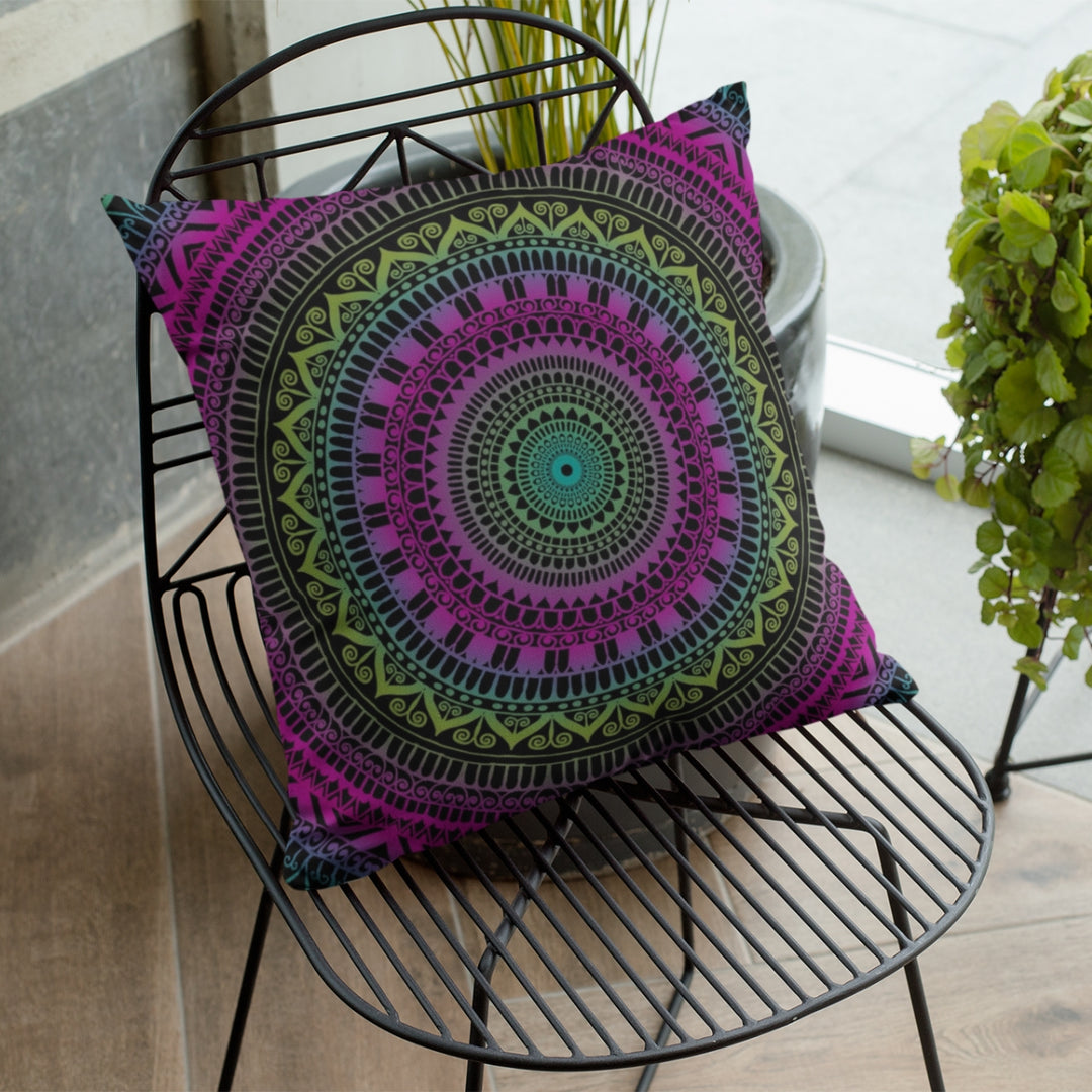 A serene and artistically embellished mandala throw pillow named 'Soothing Delight: Pink & Green Mandala Throw Pillow with Mehndi Embellishments,' exuding tranquility, artistic beauty, and the spirit of soothing serenity through its design.