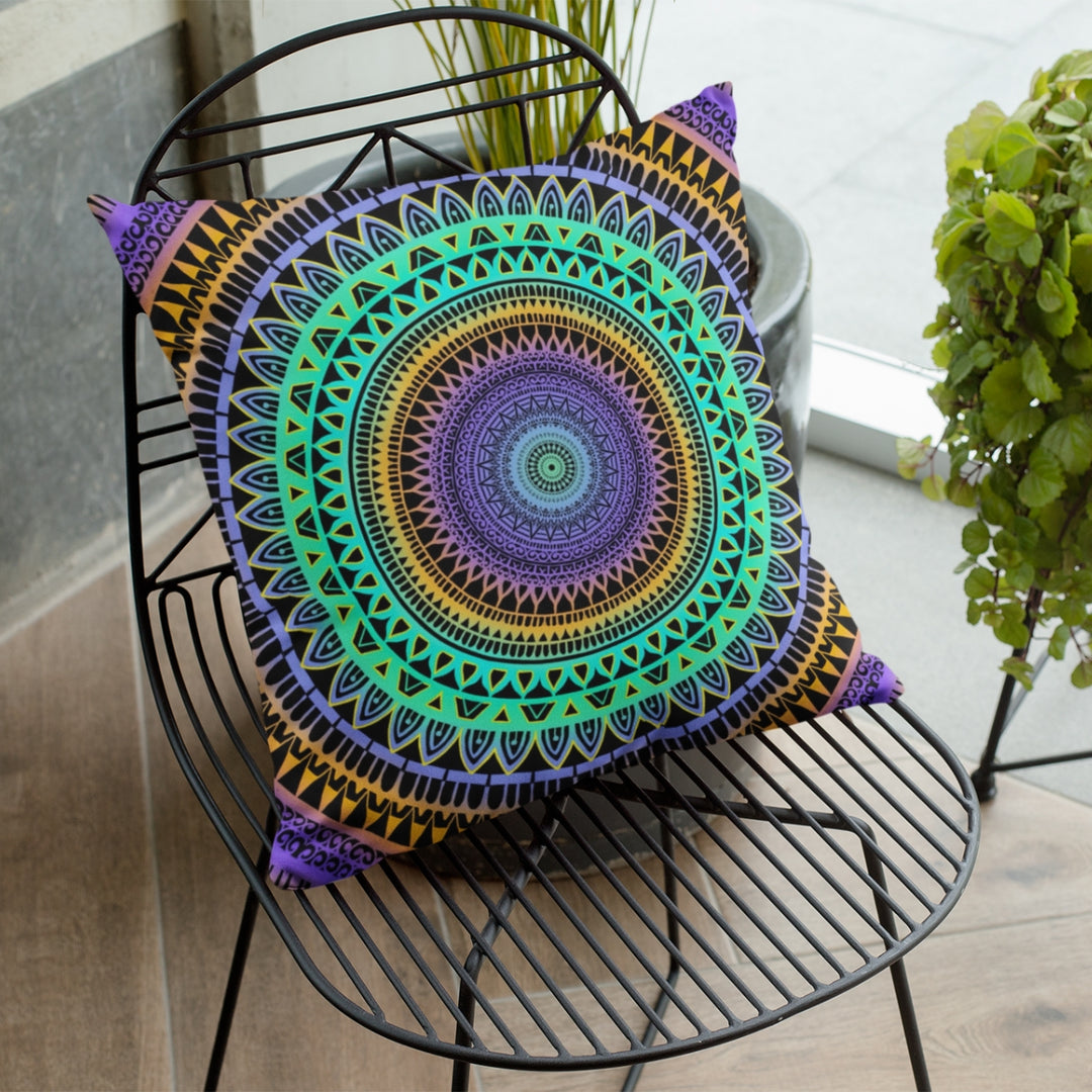 A vibrant and artistic mandala throw pillow named 'Minty Elegance: Vibrant Mandala Throw Pillow in Mint Green, Purple & Yellow,' exuding playful charm, creativity, and the spirit of youthful elegance through its design.