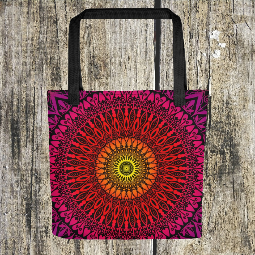 An elegant mandala tote bag named 'Golden Horizon: Mandala' in sunset-inspired warm colors, exuding tranquility and the beauty of nature.