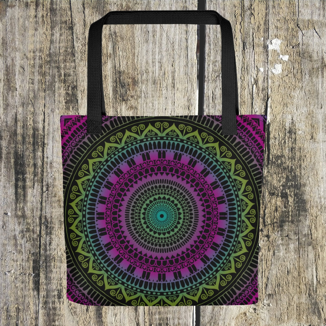 An elegant mandala tote bag named 'Soothing Delight: Pink & Green Mandala' with intricate Mehndi embellishments, exuding serenity and cultural elegance.
