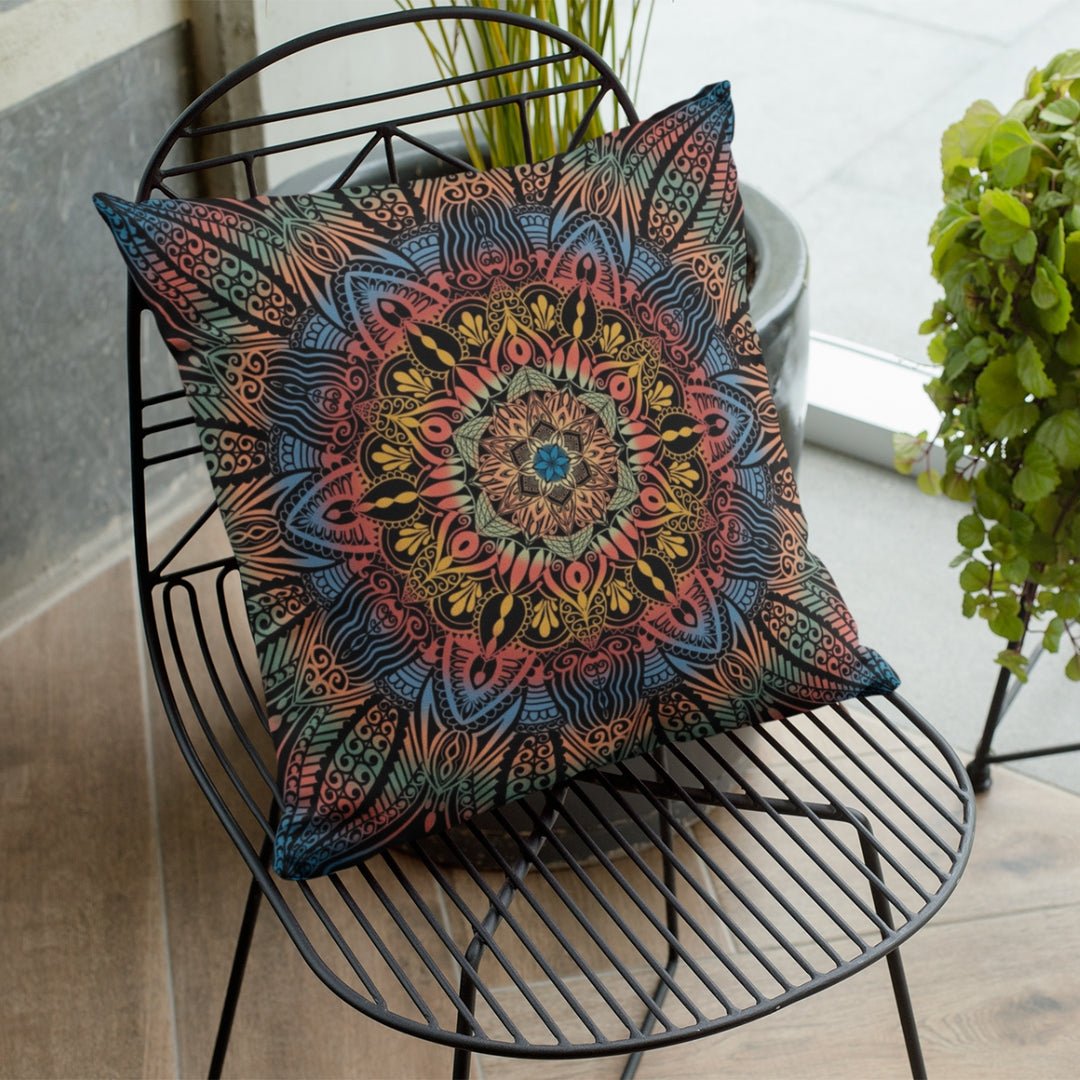 A vibrant and psychedelic mandala throw pillow named 'Dynamic Splendor: Psychedelic Mandala Throw Pillow,' exuding artistic brilliance and energetic self-expression through its design.