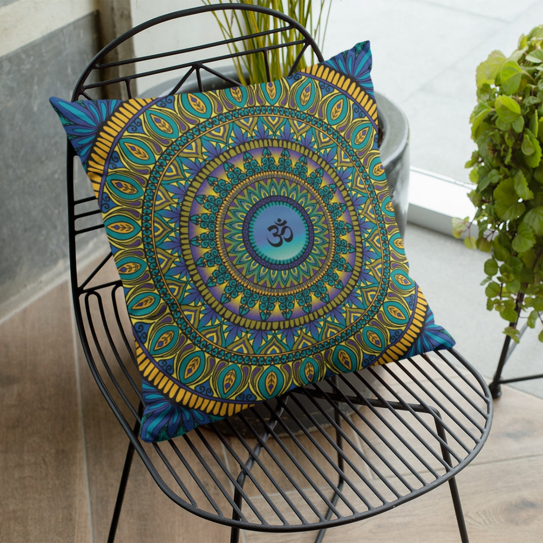 A serene and spiritual mandala throw pillow named 'Sacred Serenity: Petrol, Purple, and Gold Mandala Throw Pillow with Ohm Symbol,' exuding inner peace, mindfulness, and spiritual serenity through its design.
