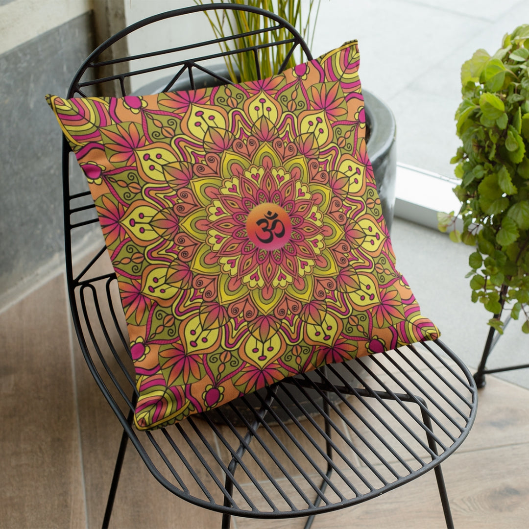 Alt Text: A serene and mindful mandala throw pillow named 'Ohm Bliss: Soft Yellow and Pink Mandala Throw Pillow,' exuding inner peace and harmony through its design.
