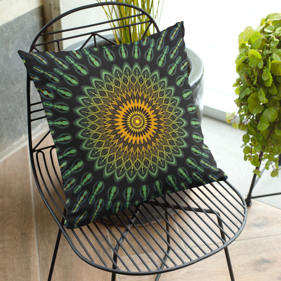 A vibrant and nature-inspired mandala embellished throw pillow named 'Garden Charisma: Green and Yellow Mandala Embellished Throw Pillow,' exuding natural beauty, positivity, and the spirit of the garden through its design.