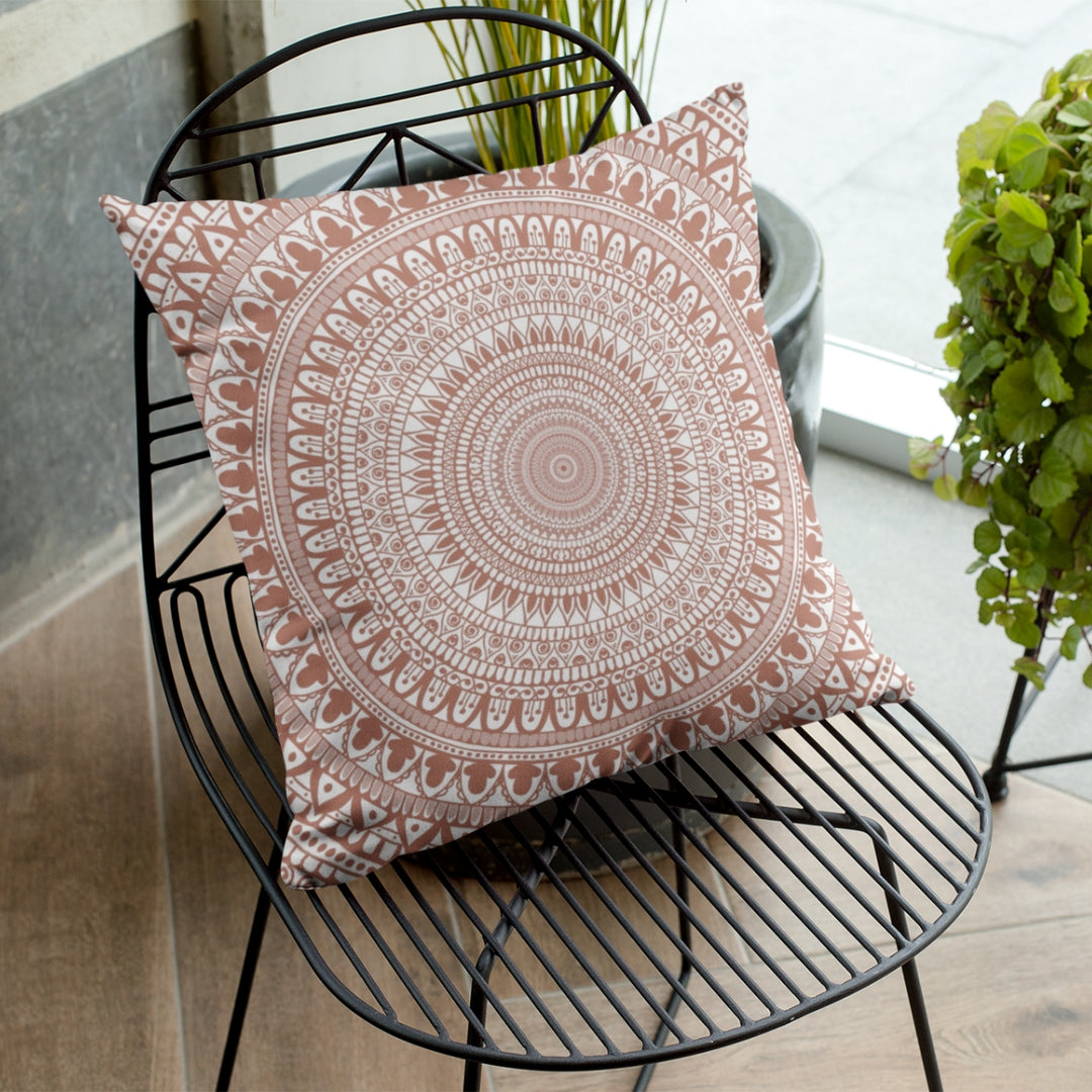 An intricate mehndi mandala throw pillow named 'Terracotta Delight: White Mandala Throw Pillow with Intricate Mehndi Design,' exuding cultural richness and artistic elegance through its design.
