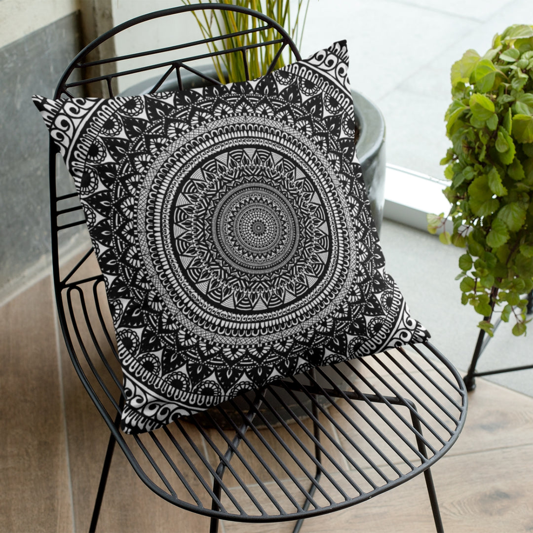 Alt Text: A striking and artistically adorned mandala ceramic coffee throw pillow named 'Mandala Duality: Black and White Ceramic Coffee Throw Pillow,' exuding contrast, elegance, and the spirit of artistic creativity through its design.