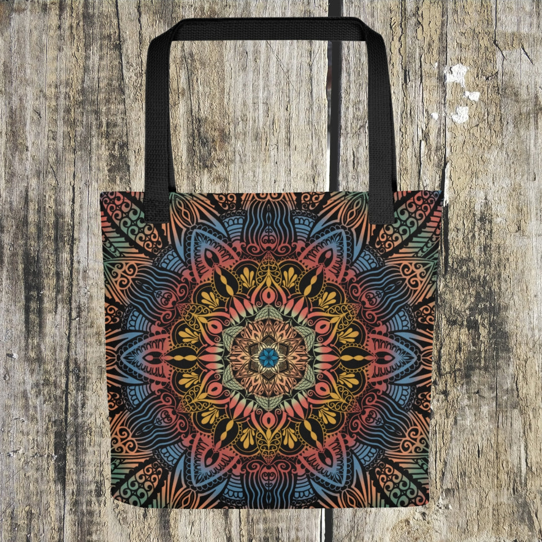 A vibrant and intricate mandala tote bag named 'Dynamic Splendor: Psychedelic Mandala,' exuding creativity and artistic expression.