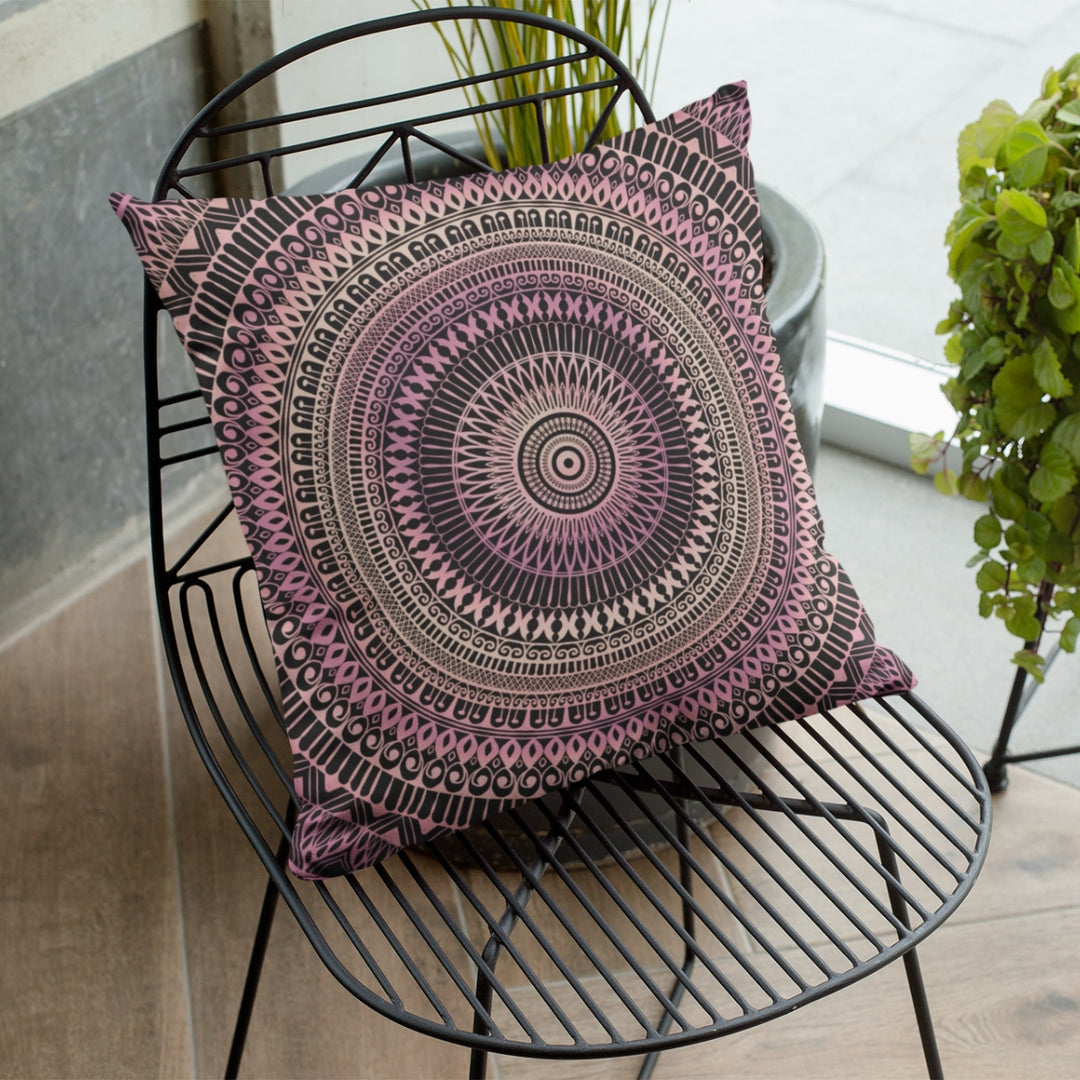 A delicate soft pink throw pillow with an intricate henna-inspired mandala design, named 'Mandala Throw Pillow, Henna Design Soft Pink,' exuding serenity and artistic elegance