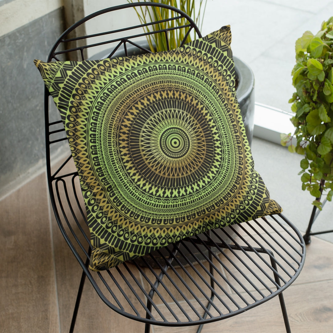 A serene and nature-inspired mandala throw pillow named 'Botanical Dreams: Mandala Soft Green Throw Pillow with Subtle Oker Touches,' exuding natural beauty, tranquility, and a connection to the great outdoors through its design.
