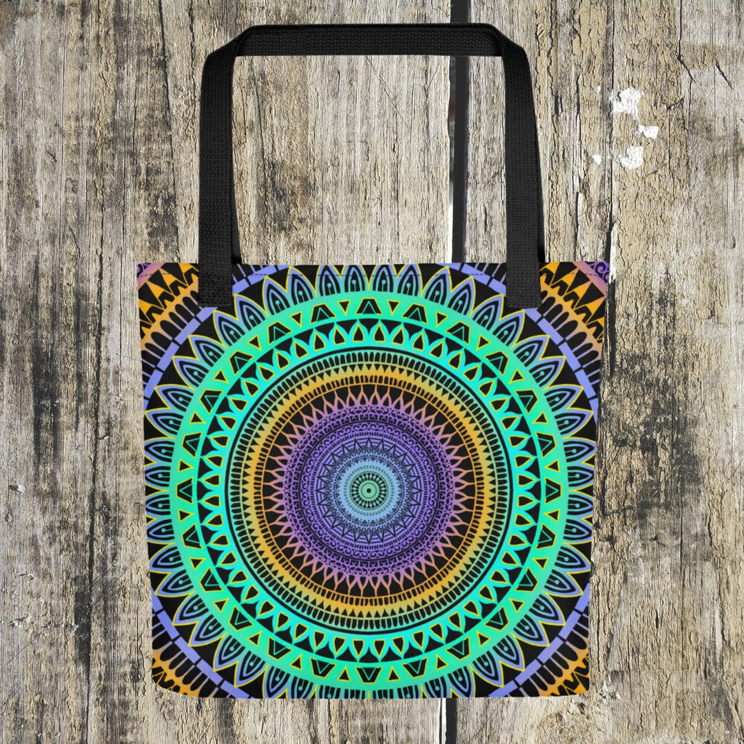 A stylish mandala tote bag named 'Minty Elegance: Vibrant Mandala' in Mint Green, Purple, and Yellow, exuding elegance and artistic charm.