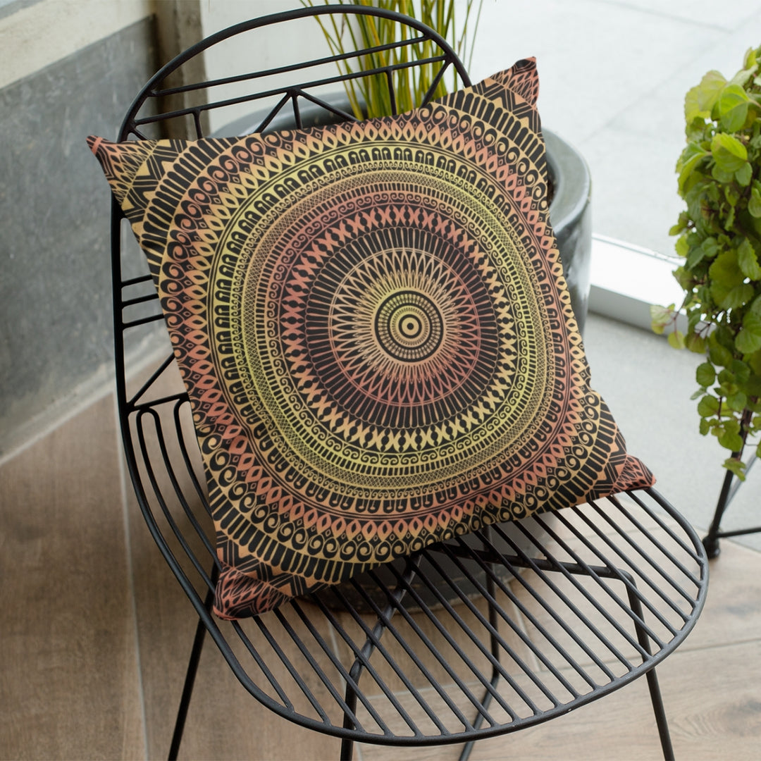 A luminous and artistically adorned mandala ceramic throw pillow named 'Elegant Glow: Mandala-Adorned Yellow Ceramic Throw Pillow,' exuding timeless elegance, sophistication, and the spirit of artistic flair through its design.