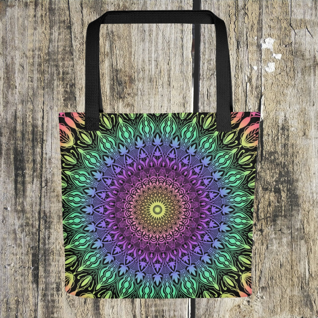 A lively mandala tote bag named 'Boho Dreams: Vivid Mandala' in bright hues, exuding bohemian charm and artistic expression.