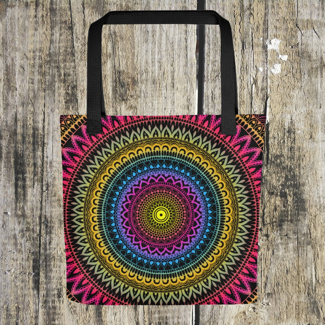 A captivating mandala tote bag named 'Mystic Fusion: Mehndi Mandala' in Pink, Yellow, and Blue, exuding a sense of mysticism and artistic expression.