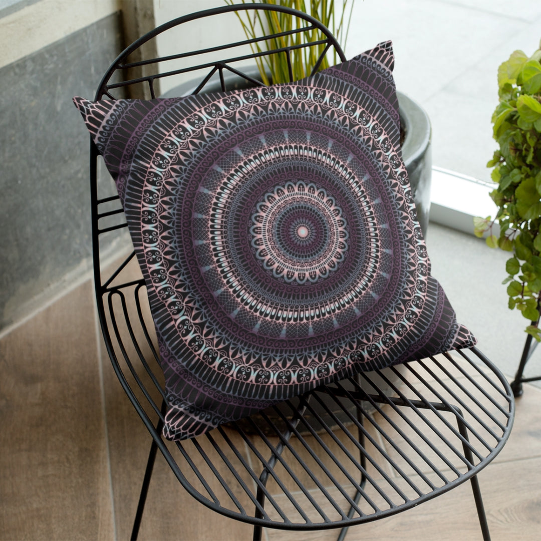 A regal and sophisticated mandala throw pillow named 'Elegant Amethyst: Dark Purple and Grey Mandala Throw Pillow,' exuding timeless elegance, refinement, and understated luxury through its design.