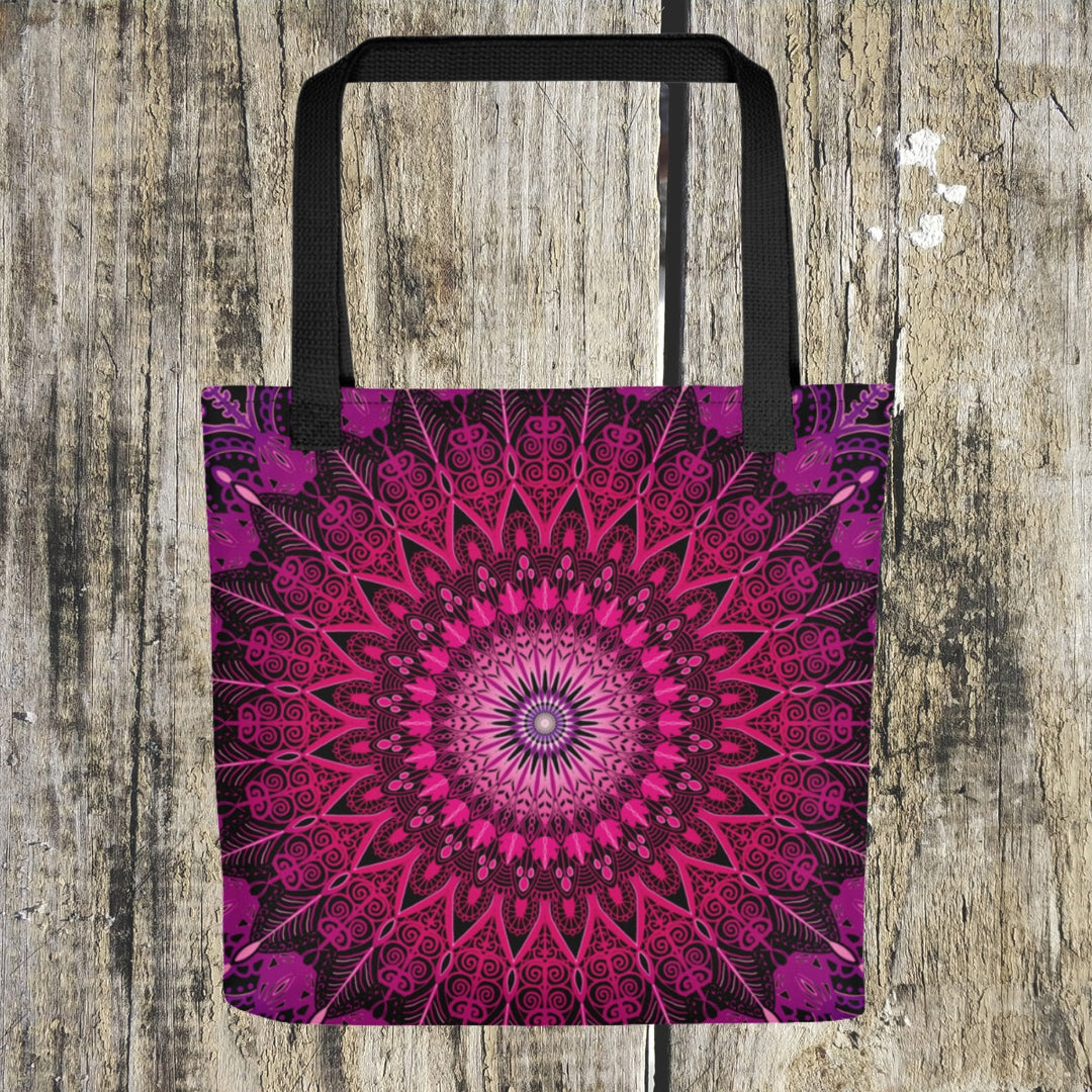 A vibrant mandala tote bag named 'Pretty in Pink' featuring bright pink colors, exuding confidence and positivity.