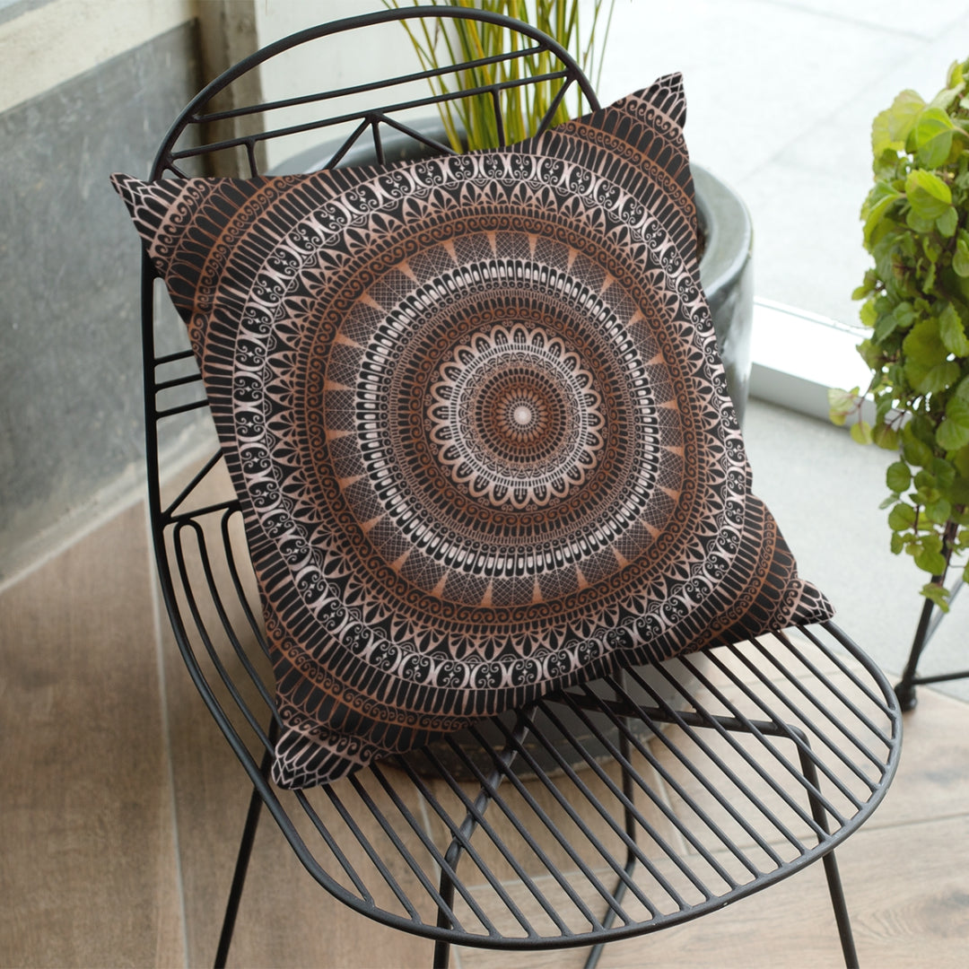 A refined and enchanting mandala throw pillow named 'Warm Elegance: Brown Throw Pillow with Enchanting Mandala,' exuding timeless class, beauty, and sophistication through its design.