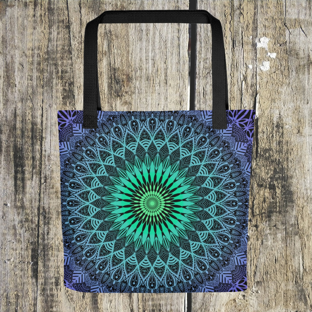 A captivating mandala tote bag named 'Purple Rain' in Purple & Mint Green, exuding elegance and artistic charm.