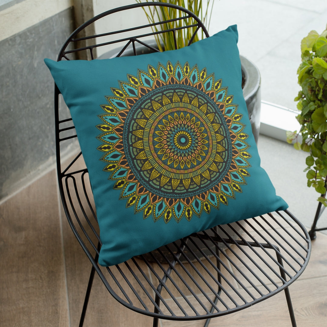 A calming blue throw pillow named 'Eastern Oasis: Southwest-Inspired Blue Mandala,' evoking serenity and Eastern elegance through its design.