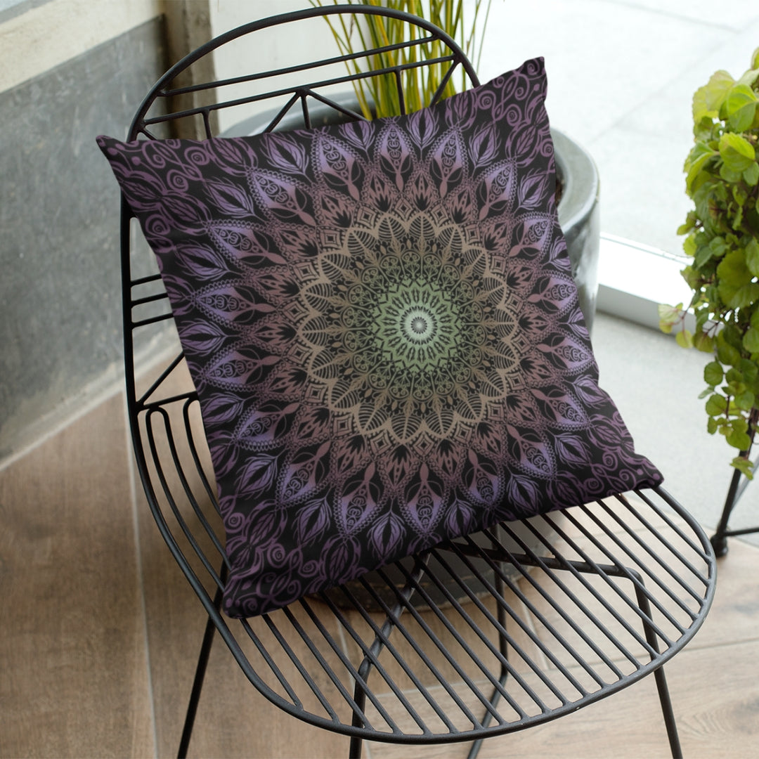 A serene and graceful mandala throw pillow named 'Pastel Harmony: Purple, Salmon, and Yellow Mandala Throw Pillow,' exuding timeless grace and the spirit of pastel harmony through its design.