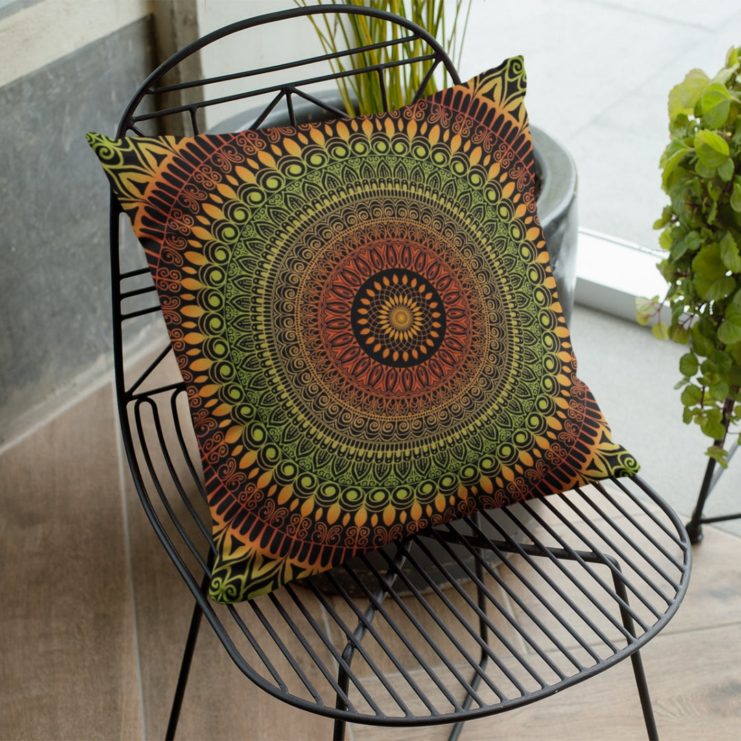 An earthy and inviting mandala throw pillow named 'Rustic Charm: Mandala Throw Pillow in Terracotta & Green with Henna Details,' exuding grounded elegance and timeless rustic beauty through its design.