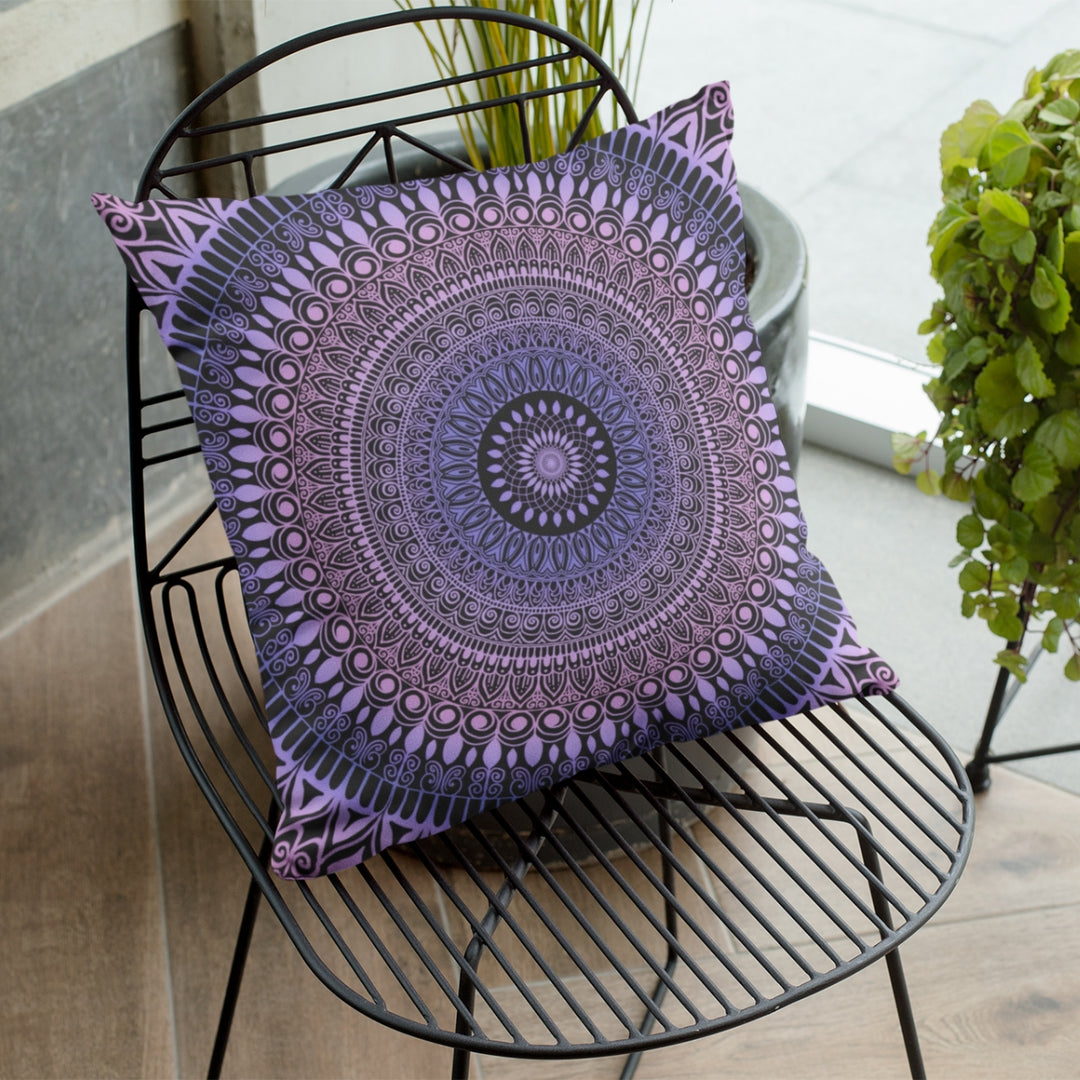 A vibrant and artistic mandala throw pillow named 'Mandala Magic: Bright Lavender, Blue & Pink Throw Pillow,' exuding energetic self-expression and the spirit of artistic wonder through its design.