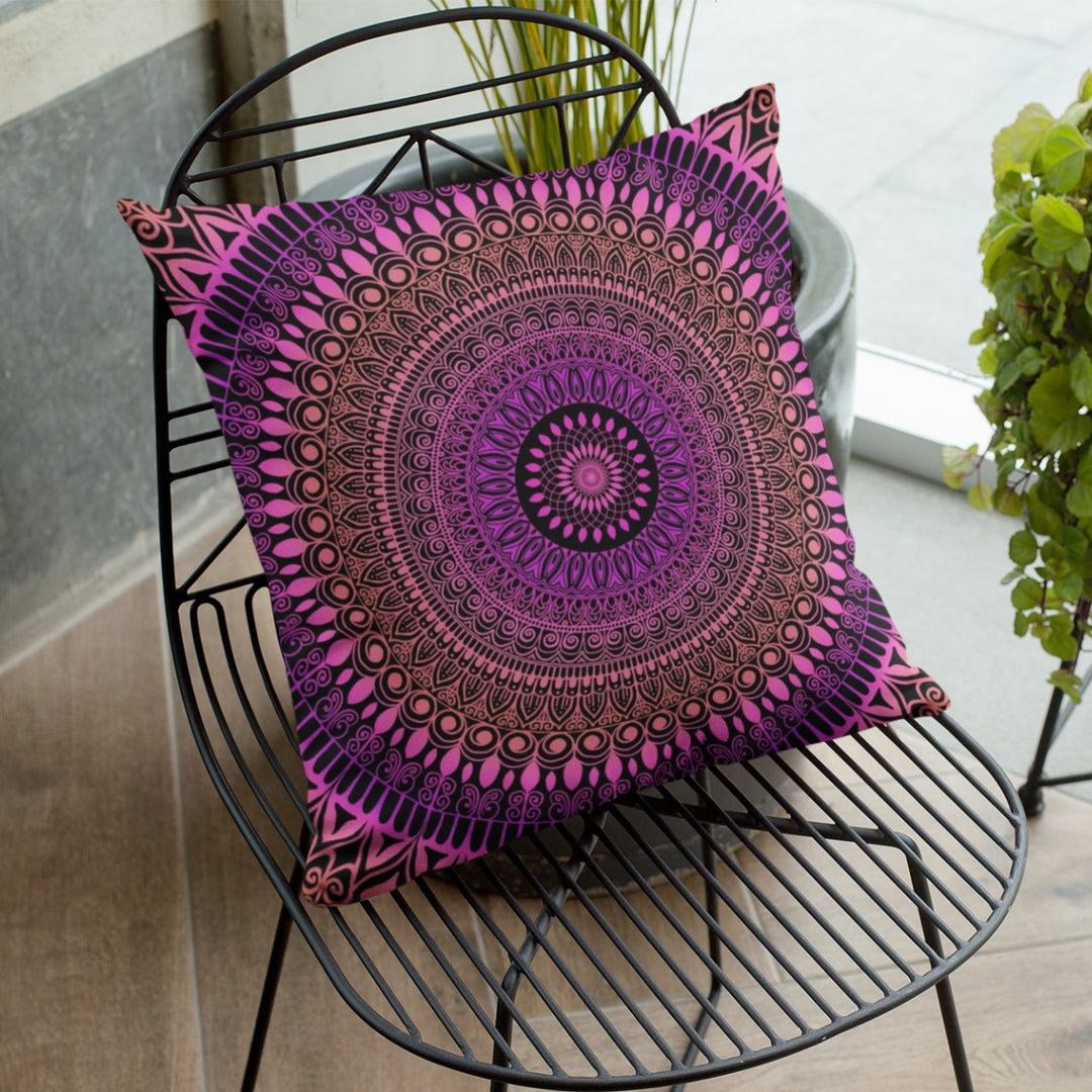 A serene and romantic mehndi mandala throw pillow named 'Pink Sunset Dream: Mehndi Mandala Throw Pillow in Salmon and Pink,' exuding dreamy elegance and the essence of a romantic sunset through its design.