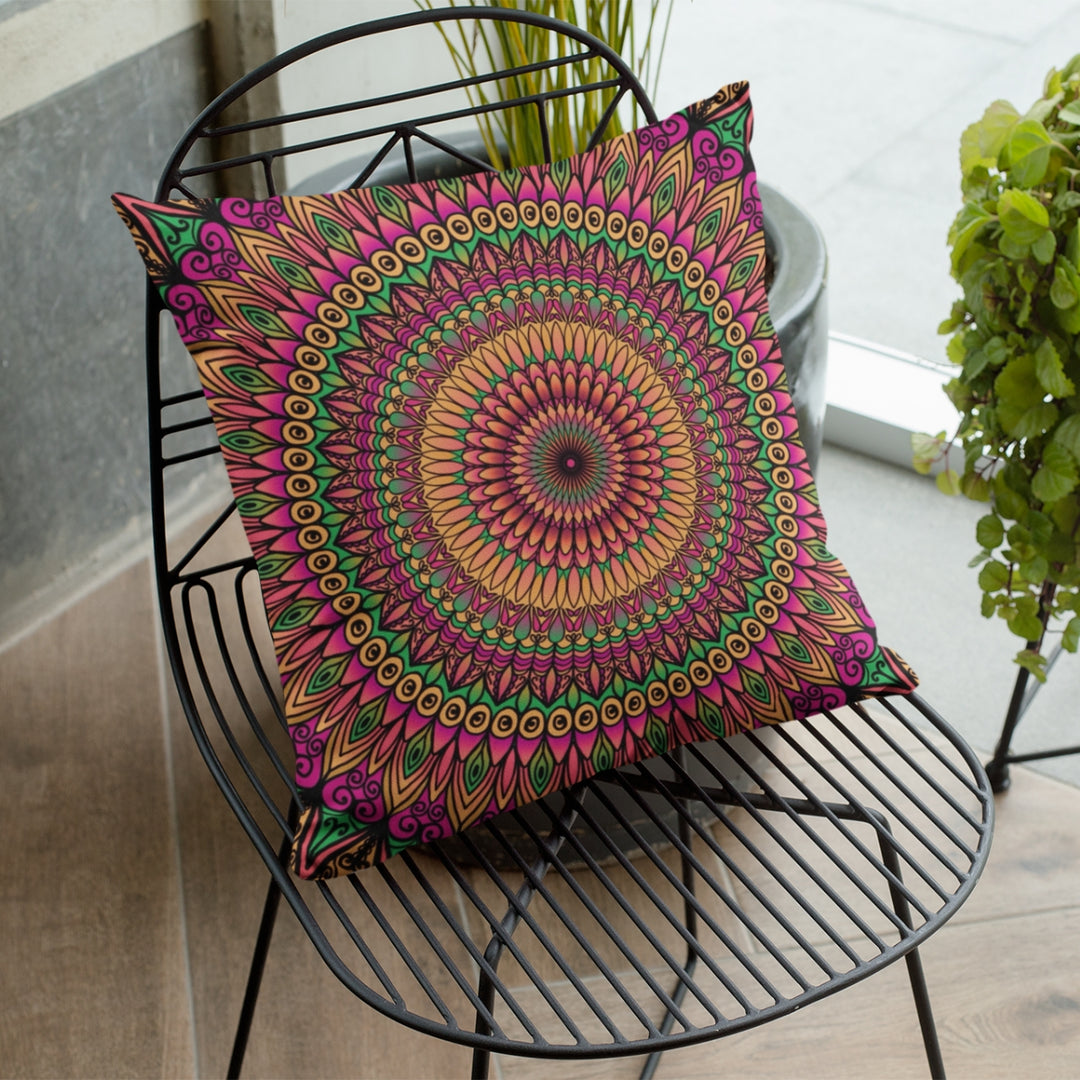 A vibrant and playful throw pillow named 'Whispers: Throw Pillow in Orange, Pink & Green,' exuding a lively and whimsical atmosphere, creativity, and playful spirit through its design.