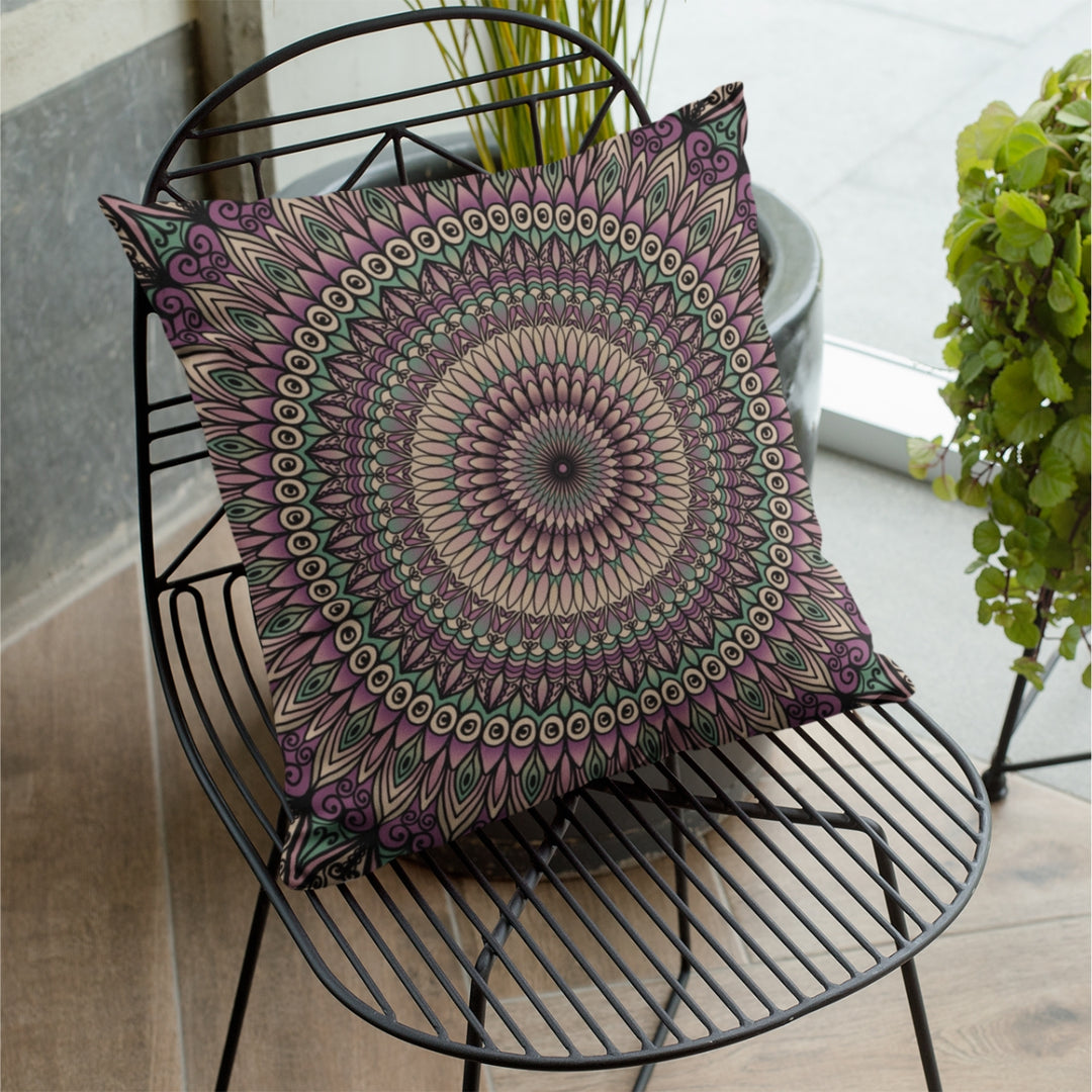 A serene and natural-themed printed throw pillow named 'Petal Harmony: Printed Throw Pillow in Soft Purple, Green, and Beige,' exuding natural beauty, tranquility, and timeless grace through its design.